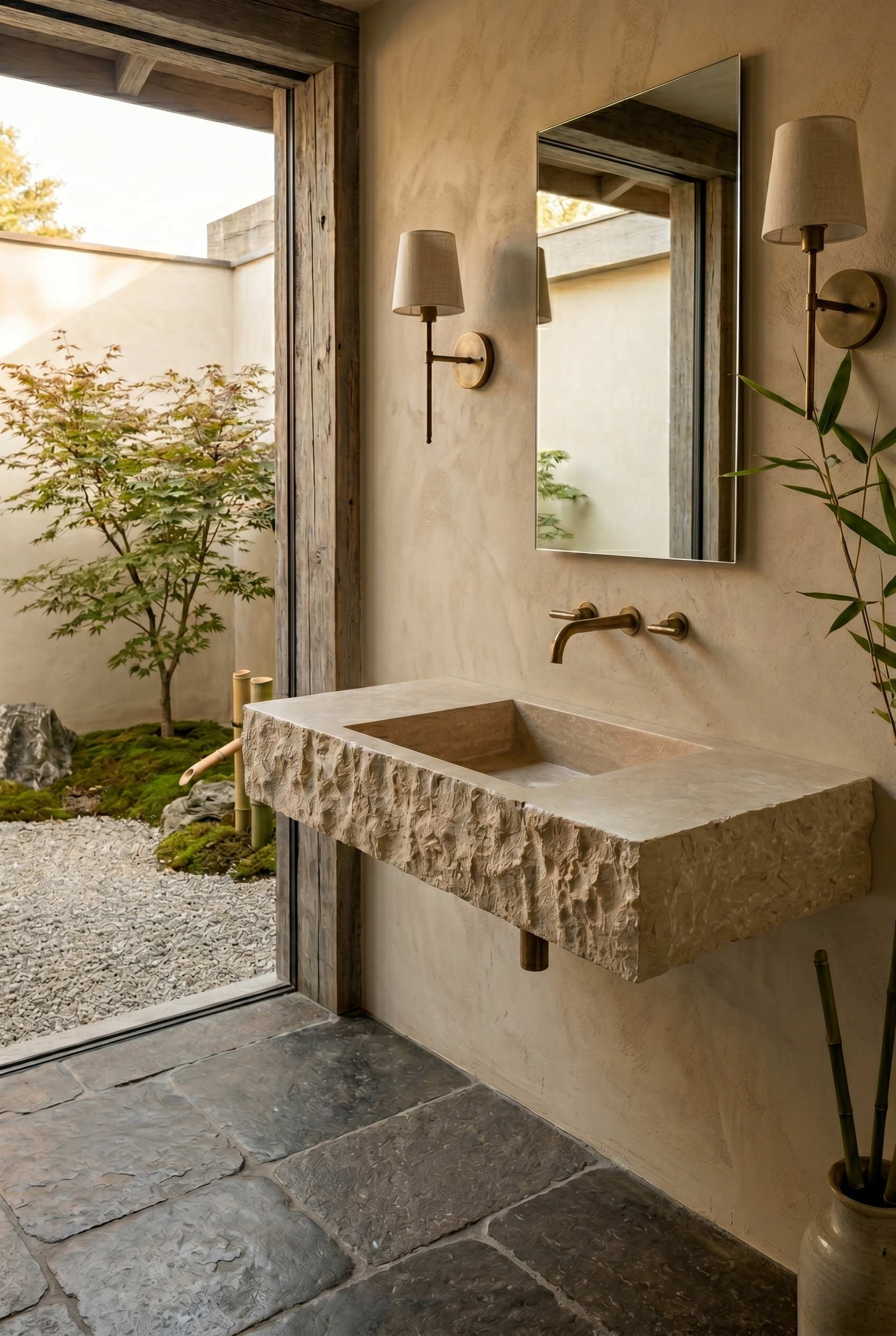 Natural Travertine Wall Mounted Sink – 30" x 16" x 8" Hand-Chiseled Stone Wash Basin